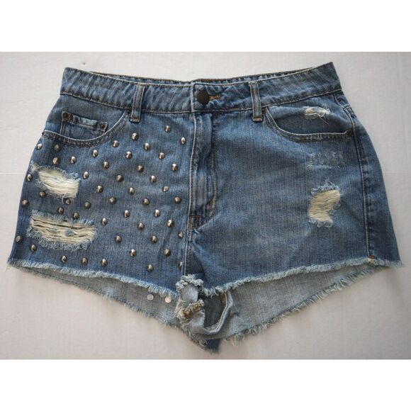 BDG  x Urban Outfitters Women's Sz 32 Blue High-Rise Cheeky Studded Denim Shorts - Picture 1 of 6